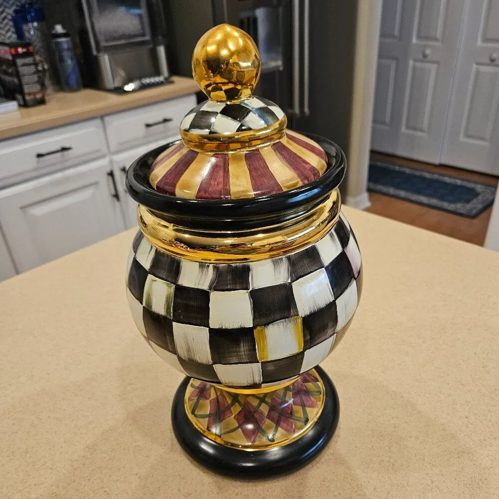 RARE MACKENZIE CHILDS ARGYLE PLAID AURORA CERAMIC GLOBE STORAGE CANISTER JAR